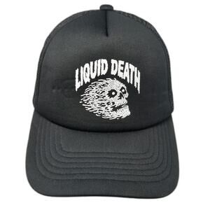Liquid Death Trucker Hat Black One Size Flaming Skull Graphic Mesh Back Snapback